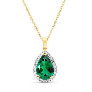14K. GOLD NECKLACE WITH NATURAL DIAMONDS & LAB. CREATED EMERALD (Yellow Gold)